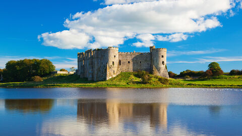 Carew Castle wide angle shot on a sunny day